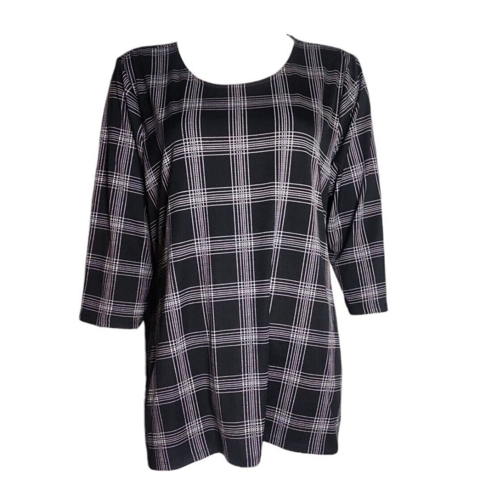 Croft & Barrow Top Womens Size XXL Black‎ White Plaid Look 3/4 Sleeve Pullover